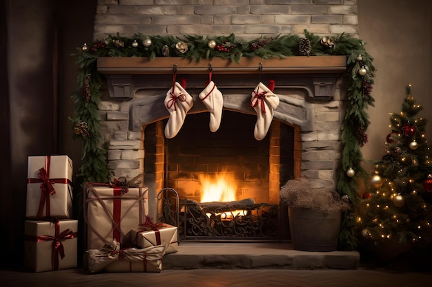 A fireplace with stockings and a wreath Christmas holidays celebration Happy new year