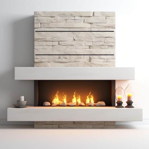 a fireplace with a stone fireplace a