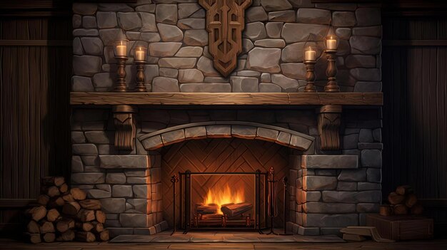 Photo a fireplace with stone surrounded by wood in the style of warm tones