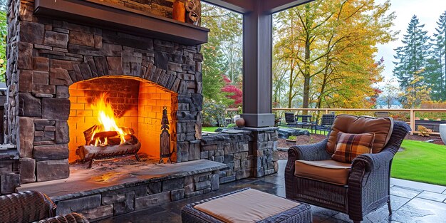 Photo a fireplace with a view of the lake and trees