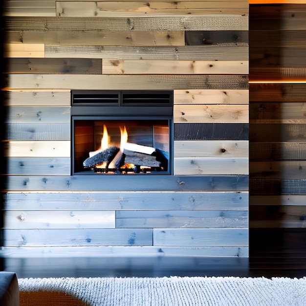 A fireplace with wood panels that say's a wood burning fireplace