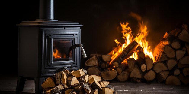 a fireplace with a wood stove and a fire place with a fireplace in the background