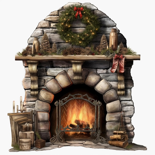 Fireplace with a wreath and candles on top of it generative ai