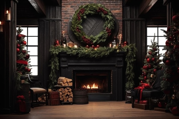 A fireplace with a wreath on it and a christmas tree in the corner.