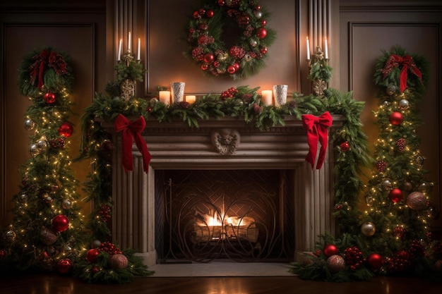 A fireplace with a wreath and a wreath on it