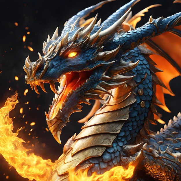 Foto fires of enchantment fantasy dragone metallico con occhi lucenti