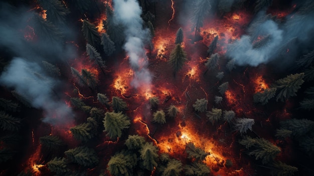 Fires in the forest top view