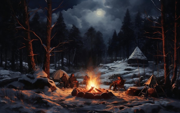 Fireside Glow 雪の静寂の中心にあるキャンプファイヤーの魔法 生成 AI