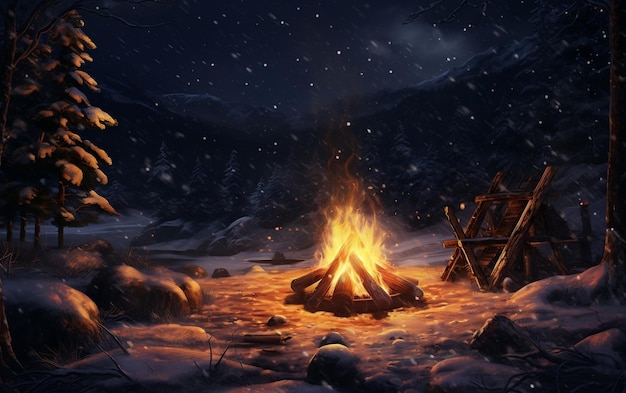 Fireside Glow Campfire Magic in the Heart of Snowy Silence Generative AI