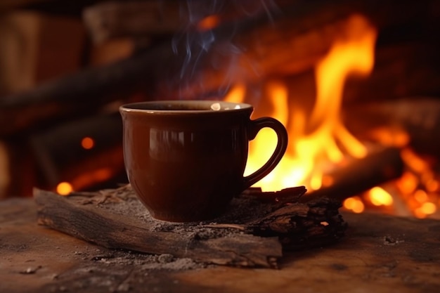 Fireside nostalgia Enjoying a warm cup of coffee by the campfire