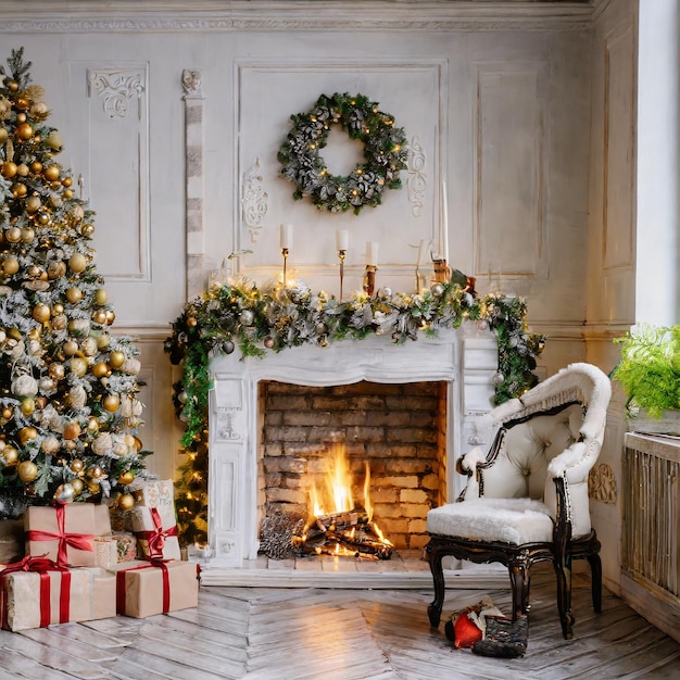 Photo fireside whispers of winter a christmas interior decked in cozy fireplace glow