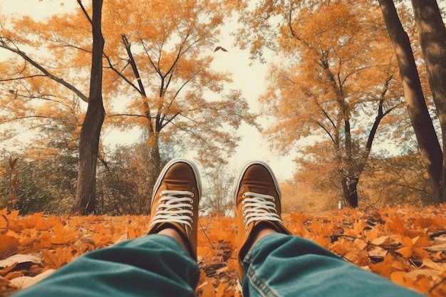 Firest pirson view of a man's sneakers in an autumn park