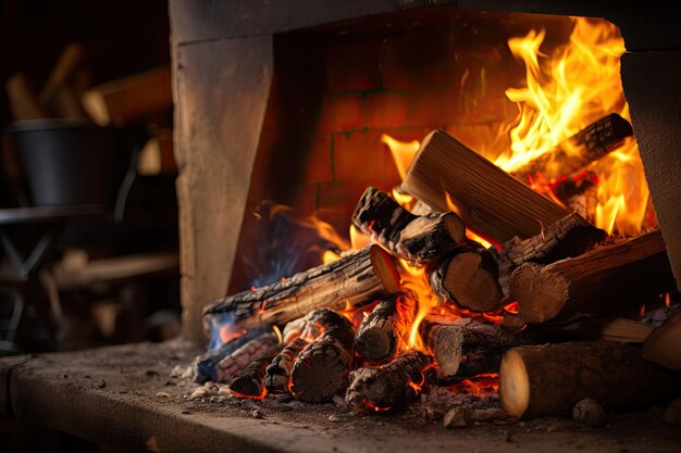 Firewood burning in a country cottage fireplace Rustic cooking oven with burning logs