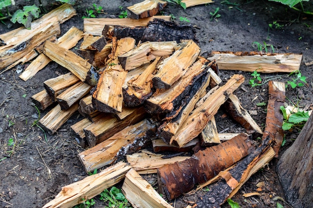 Firewood close-up. Wood. Wood texture. Wood chips.