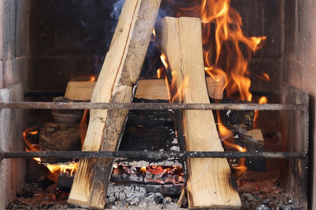 Firewood is burning in fireplace behind metal grate seasonal cooling and heating in private