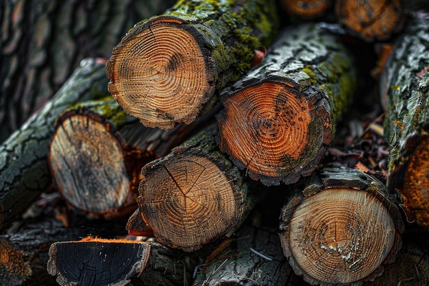 Firewood logs in forest ready for winter