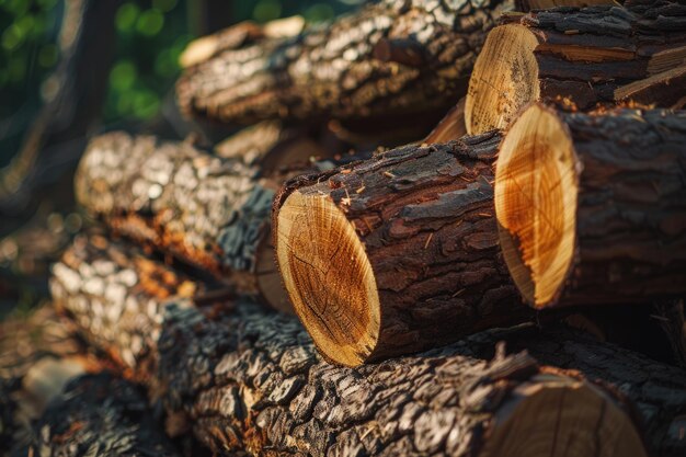 Firewood logs in forest ready for winter