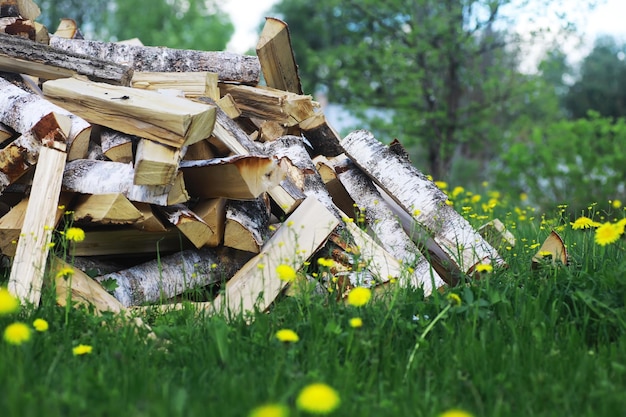 Firewood in a pallet Chopped firewood lies on the ground Wooden background