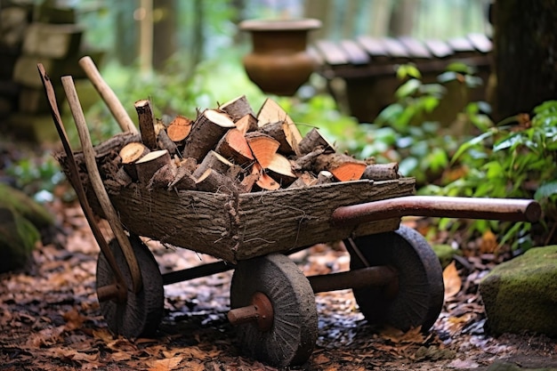 Firewood in a rustic wheelbarrow outdoors created with generative ai