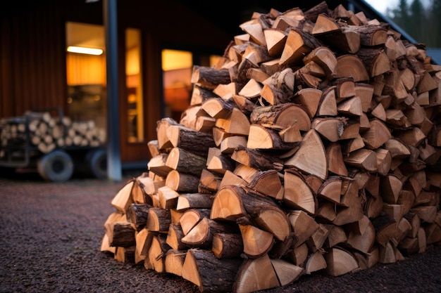 Firewood Stack in Front of Cozy Cabin at Dusk
