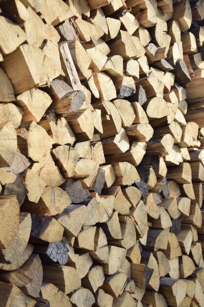 Firewood stacked near the wall closeup