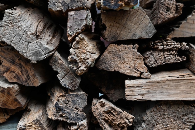 Firewood stacked outdoors close up