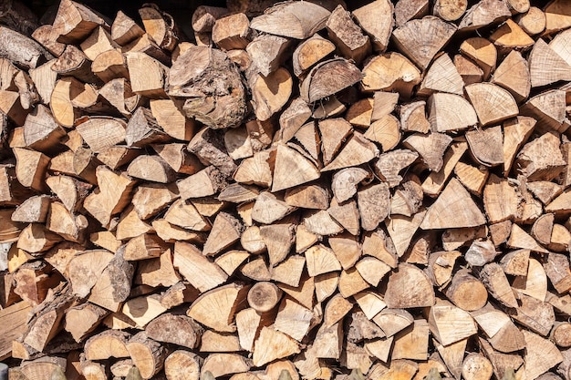 Firewood stacked in a woodpile in the courtyard, lit by sunlight