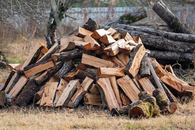 Firewood in the yard prepared for winter. Nature.