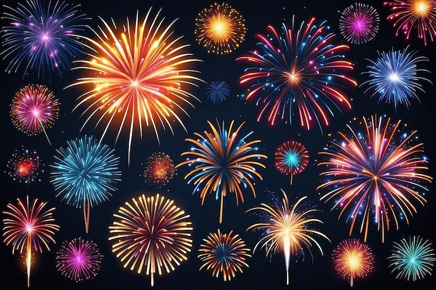 Firework animation realistic poster set with congratulations and festival