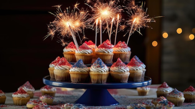 Firework cupcake tower a variety of cupcakes decorated with vibrant red white and blue frosting