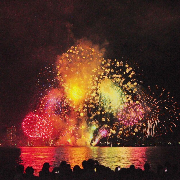 Foto spettacolo di fuochi d'artificio sul lago di notte