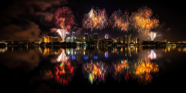 夜に街のスカイラインの上で花火が爆発する