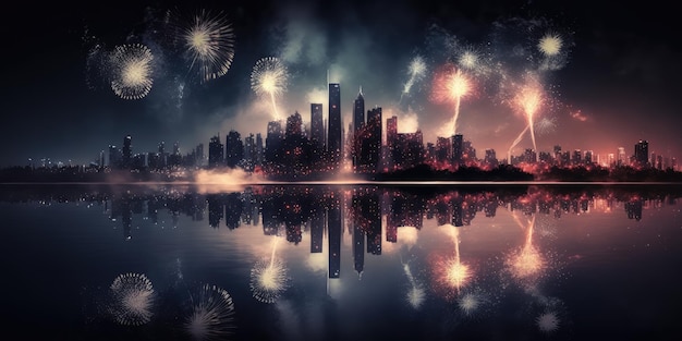 Firework explode over city skyline at night