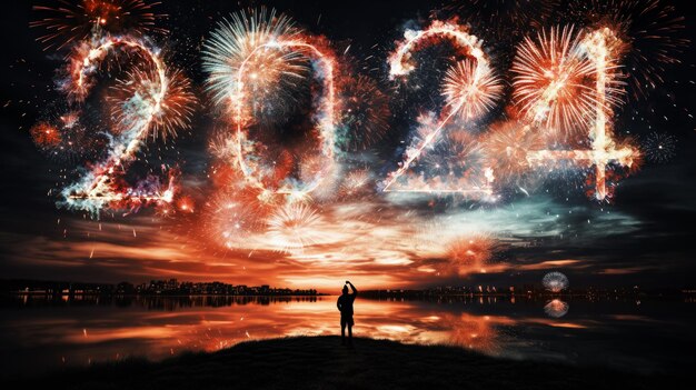 写真 夜空で花火の爆発新年を祝う 2024 年の新年のために美しい空で全国的な花火の射撃