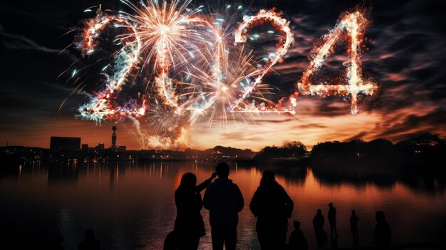 Firework explosion in the night sky celebrating happy new year 2024 National firework shooting in the beautiful sky for a new year day of year 2024