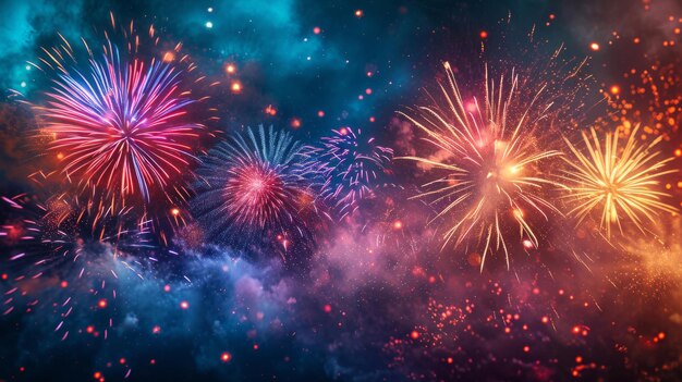 Firework performance in the night sky visual photo album full of colorful and bright moments