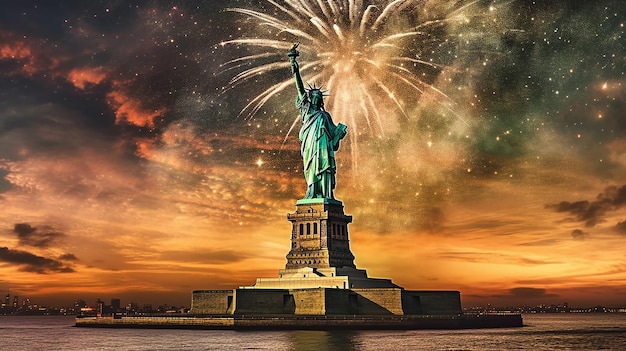 Firework over the Statue of Liberty Generative AI