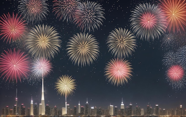 Fireworks against the backdrop of a modern night city