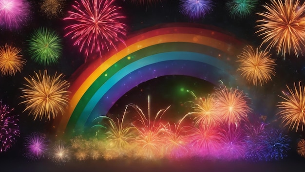 写真 黒い背景の花火と虹