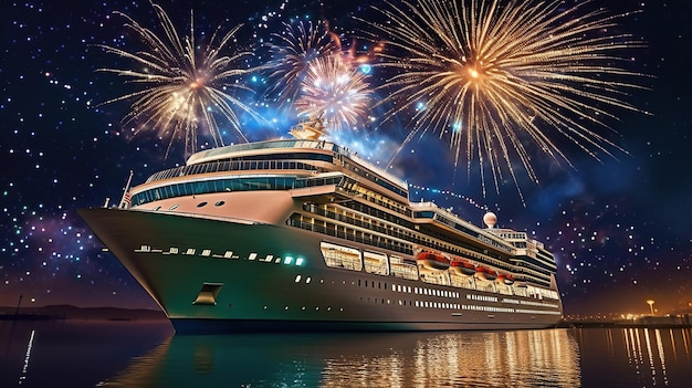 Fireworks are lit up in the night sky above a cruise ship Generative AI