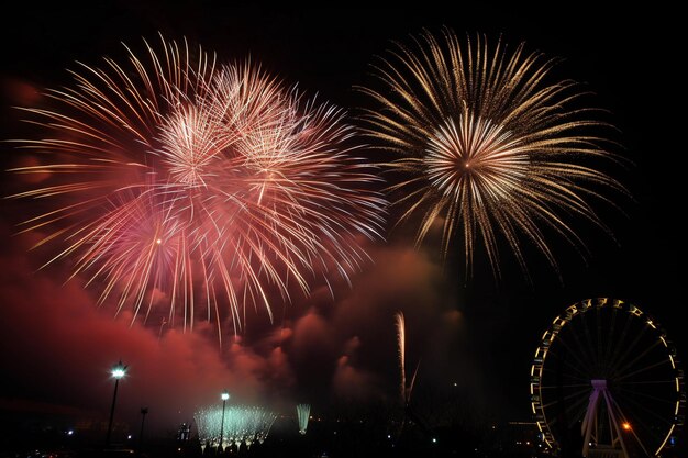 Fireworks are lit up in the night sky above a ferris wheel.