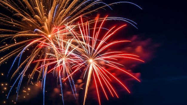 Fireworks are lit up in the night sky.