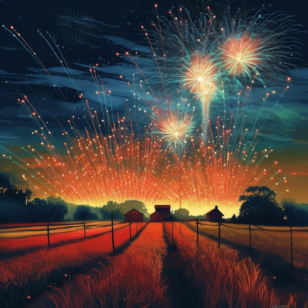 fireworks are lit up in the sky over a field generative ai