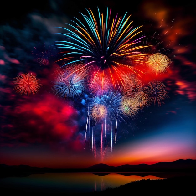 fireworks are lit up in the sky above a lake and mountains generative ai