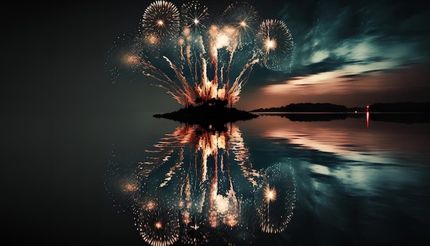 Photo fireworks are reflected in the water and the sky is dark