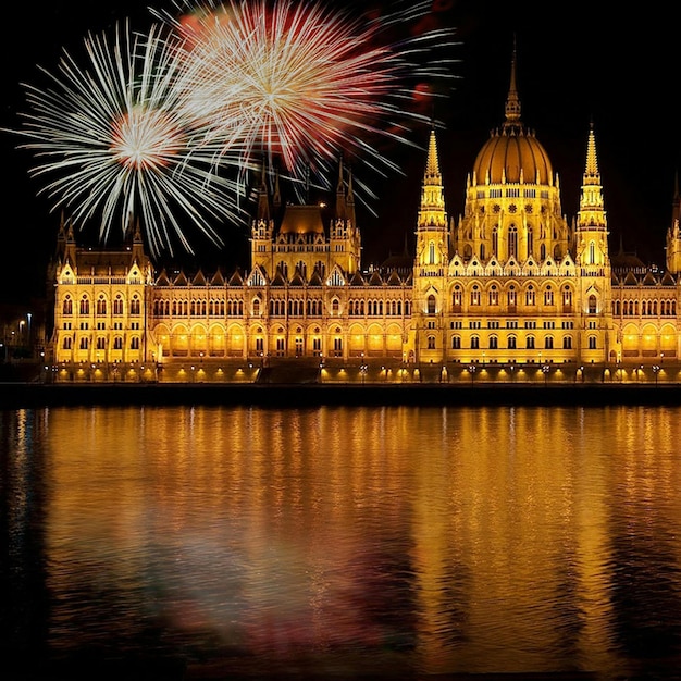 fireworks are seen over a building with a reflection of a building in the water