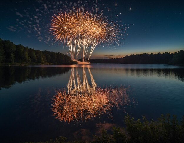 Фото Фейерверк виден в небе над озером.