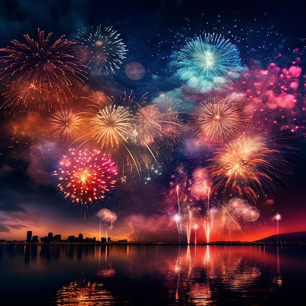 fireworks are seen over a lake with a city in the background.