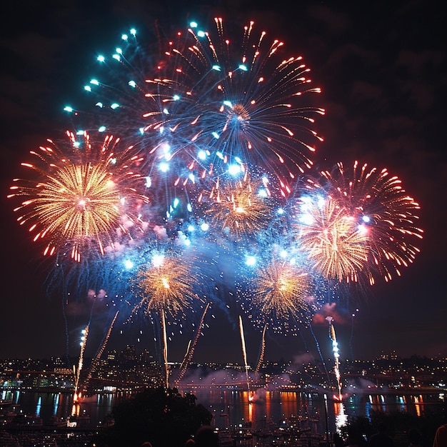 Photo fireworks are seen in the night sky above a city