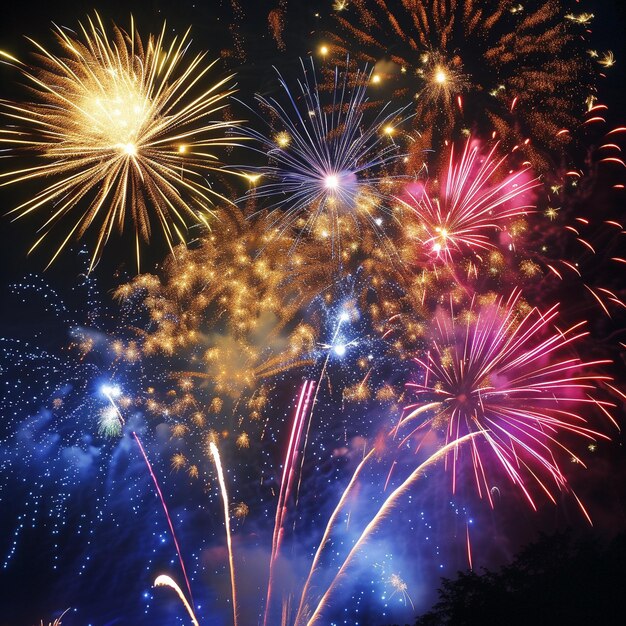 Photo fireworks are seen in the night sky with a tree in the background